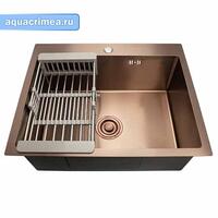 Мойка врезная 60х50см; МЕДЬ, толщ 3,0х1мм; гл 200мм, большой сифон с переливом+корзина