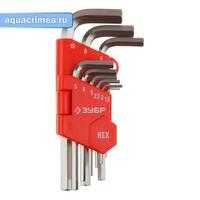 Набор ЗУБР Ключи "МАСТЕР" имбусовые короткие, Cr-V, сатинированное покрытие, пластик. держатель, HEX