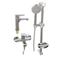 Набор- смеситель в ванную + на раковину + душевая стойка с сатеновой ручкой с Узором RUSSIA-MOSCOW