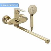 Смеситель в ванную длинный излив, под ЗОЛОТО, шаровый, с дивертором на корпусе - ПЛОСКИЙ корпус