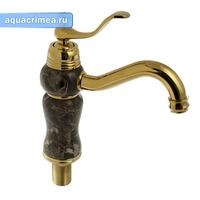 Смеситель для раковины, корпус из тёмного камня с вставками тёмного золота, шаровый