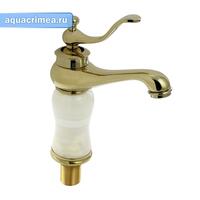 Смеситель для раковины, корпус под светлый мрамор с ЗОЛОТОМ, шаровый