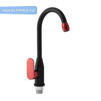 Смеситель кухонный боковой черный с красной ручкой, из алюминия, шаровый, код: 80208
