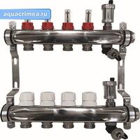 Коллект. группа нерж. 1"х10 вых. евроконус 3/4" расходом.; сливн. кран; авт. воздухоотв.