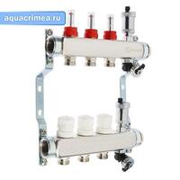 Коллект. группа нерж. 1"х3 вых. евроконус 3/4" расходом.; сливн. кран; авт. воздухоотв.