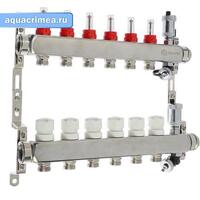 Коллект. группа нерж. 1"х6 вых. евроконус 3/4" расходом.; сливн. кран; авт. воздухоотв.