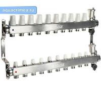 Коллект. группа нерж. 1"х 10 вых. евроконус 3/4" расходом.; сливн. кран; авт. воздухоотв.