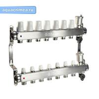 Коллект. группа нерж. 1"х 7 вых. евроконус 3/4" расходом.; сливн. кран; авт. воздухоотв.