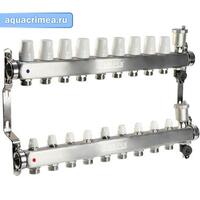 Коллект. группа нерж. 1"х 9 вых. евроконус 3/4" расходом.; сливн. кран; авт. воздухоотв.